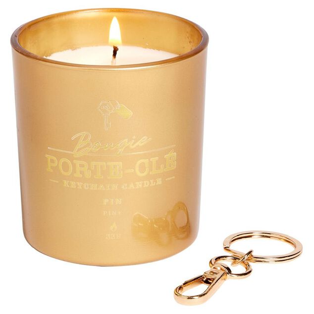 Bougie porte-cl&eacute; dor&eacute; senteur pin 33H