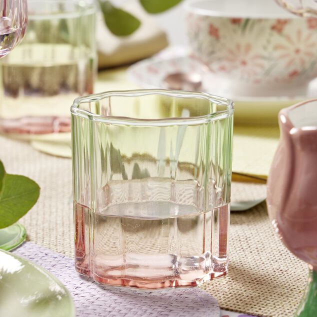 Verre &agrave; eau 28cl forme fleur en verre d&eacute;grad&eacute; rose et vert &Oslash;8xH8cm