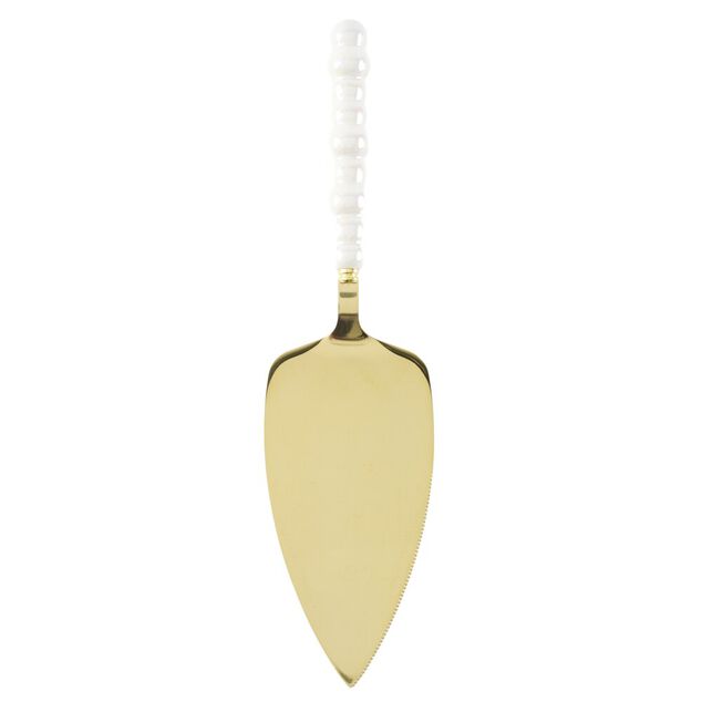 Pelle &agrave; tarte inox et plastique dor&eacute; manche perles L25X6XH3 cm
