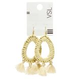 Boucles d'oreilles gouttes boutons 3 pompons embrasses macramé beige
