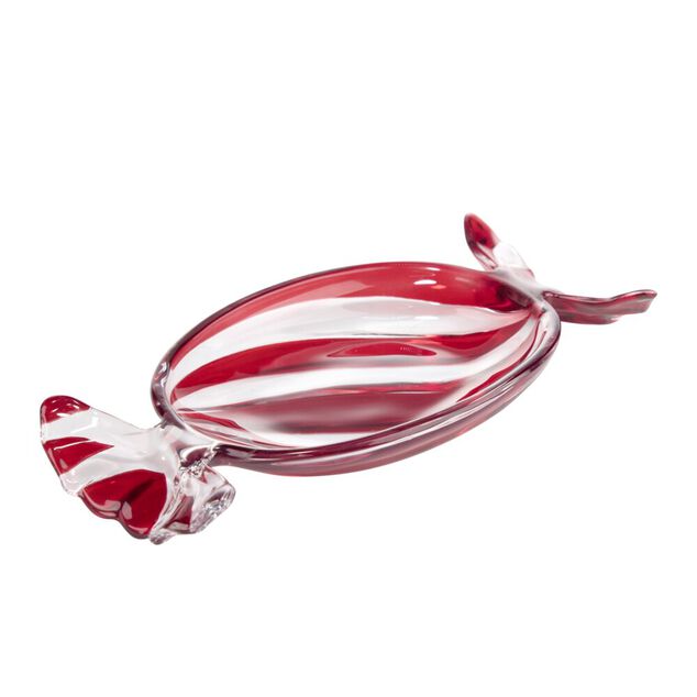 Coupelle en verre forme bonbon ray&eacute; L20X9XH2,5 cm rouge et blanc