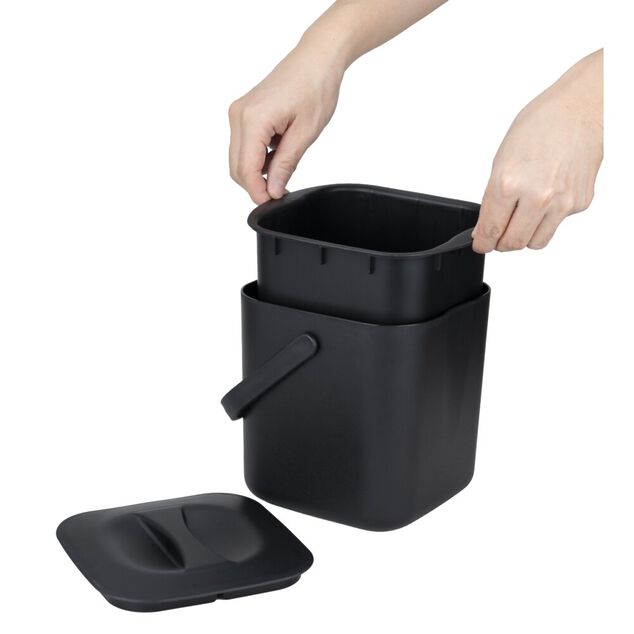 Bac &agrave; compost format cuisine 3L avec panier et poign&eacute;e plastique noir 19x18xH18cm