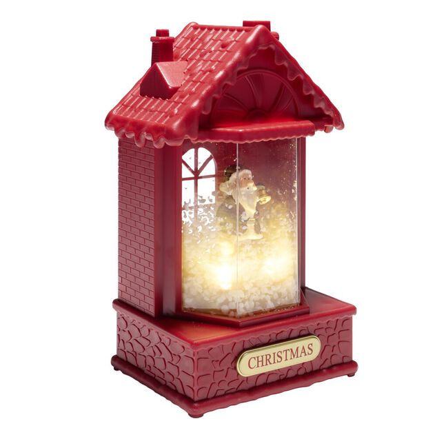 Boule &agrave; neige lumineuse sc&egrave;ne maison de No&euml;l rouge avec P&egrave;re No&euml;l 10x5x9xH19cm