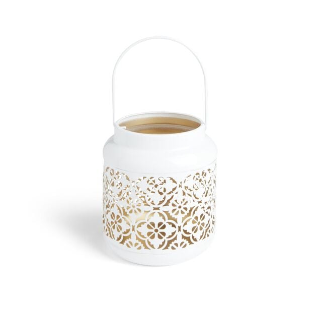 Lanterne carreaux de ciment ajour&eacute;s m&eacute;tal blanc &Oslash;12xH14cm