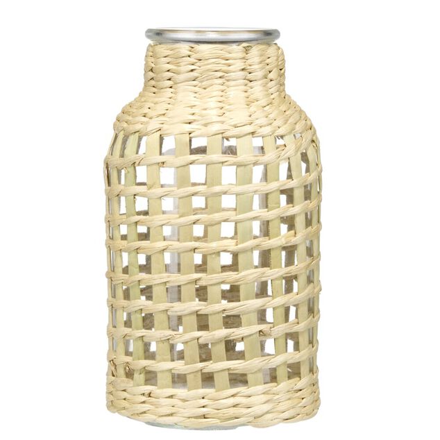 Vase en verre avec raphia tress&eacute; &Oslash;10,5xH20cm