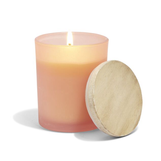 Bougie citronnelle couvercle bois verre rose &Oslash;7xH8,5cm