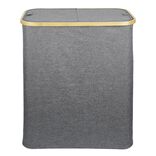 Coffre à linge double 50L bambou et tissu gris