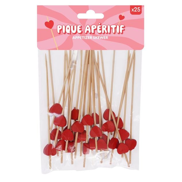 Pique ap&eacute;ritif bois avec coeur rouge x25