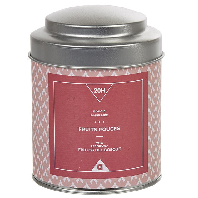 Bougie parfum&eacute;e dans pot en m&eacute;tal senteur fruits rouges