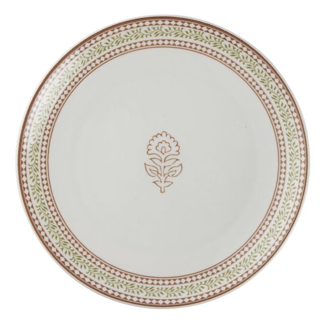 Service vaisselle porcelaine 4 personnes 12 pi&egrave;ces motif floral vert et beige