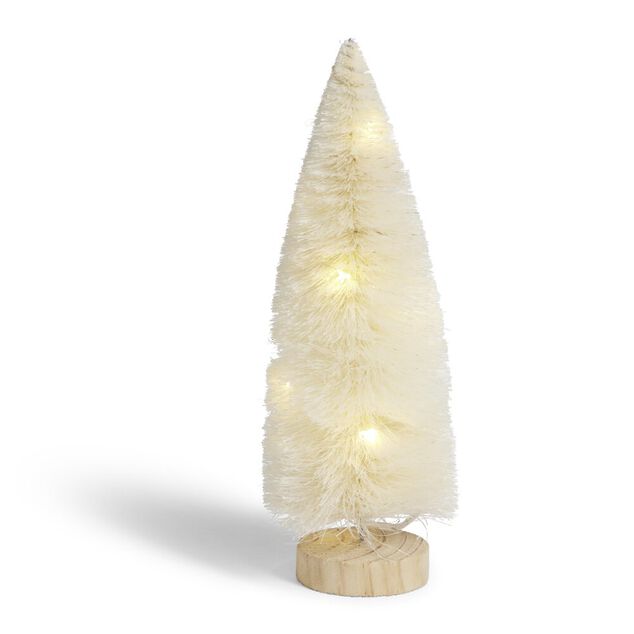 D&eacute;coration sapin blanc lumineux LED blanc chaud H24cm &agrave; piles