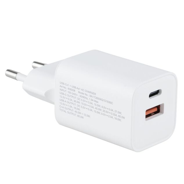 Chargeur mural 2 ports USB et USB-C 65W (2 mod&egrave;les)