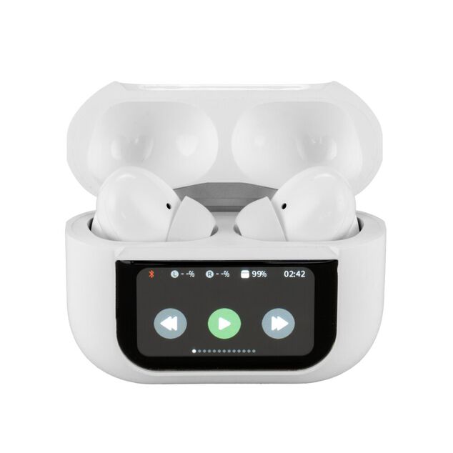 Ecouteurs bluetooth &eacute;cran tactile blanc 6x2,5xH4,5cm