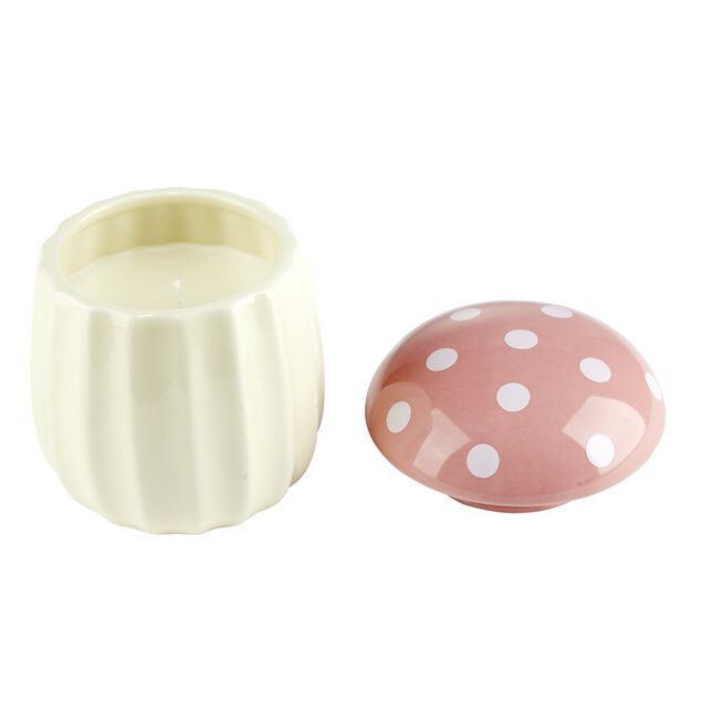 Bougie d&eacute;corative parfum floral forme champignon rose et blanc 35H