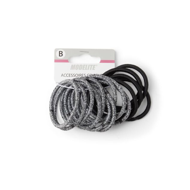 Lot de 15 &eacute;lastiques &agrave; cheveux polyester noir et blanc aspect chin&eacute;