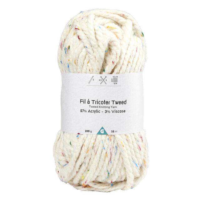 Pelote fil &agrave; tricoter tweed &eacute;paisse acrylique et viscose blanc 200g