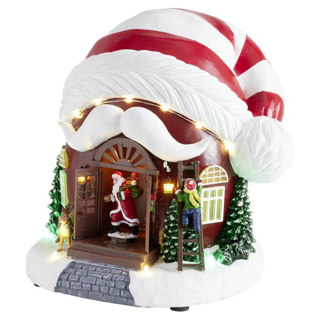 Village de No&euml;l LED anim&eacute; sc&egrave;ne maison bonnet 21x20xH21,5cm