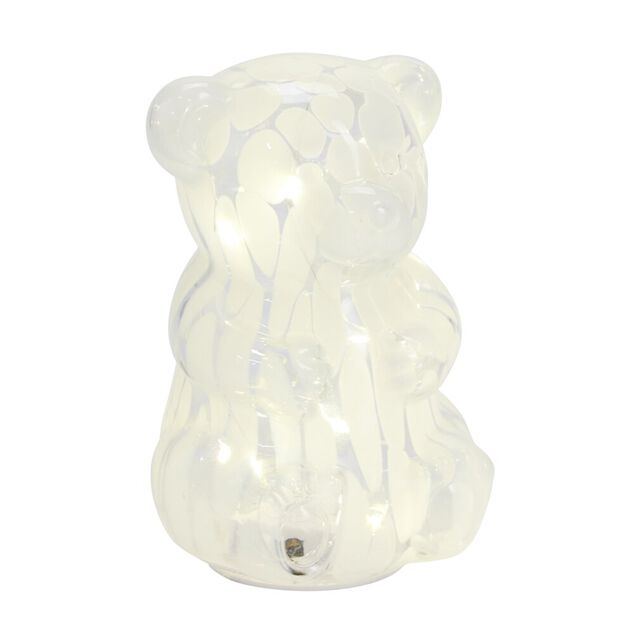 D&eacute;coration lumineuse &agrave; poser ourson en verre transparent et blanc H17,5cm