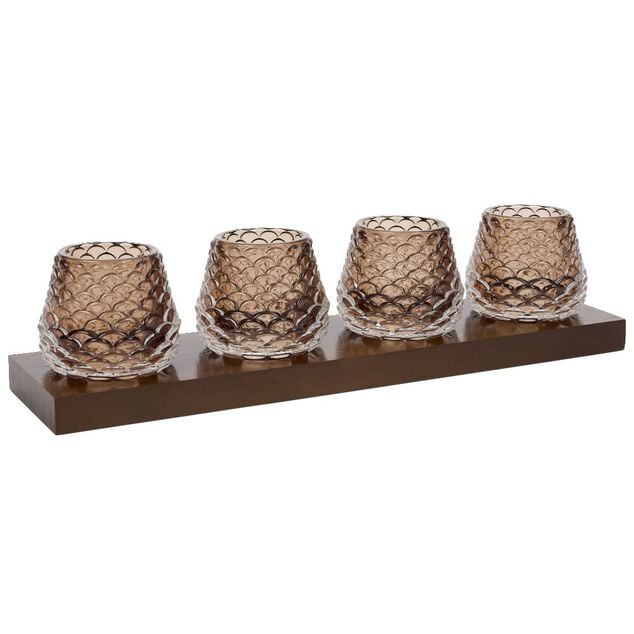 Plateau en bois avec 4 bougeoirs en verre forme pomme de pin 35x8,5x8cm