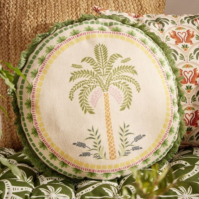 Coussin rond lin motif estival bord &agrave; franges &Oslash;40cm (2 mod&egrave;les soleil ou palmier)