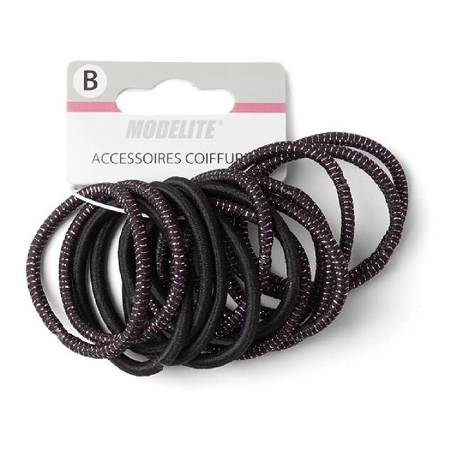 Lot de 15 &eacute;lastiques &agrave; cheveux polyester noir et fil m&eacute;tallique rose
