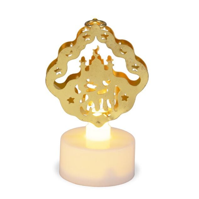 Bougie chauffe-plat LED avec d&eacute;cor arabesque ajour&eacute; dor&eacute; &Oslash;3xH8cm