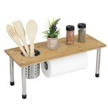 &Eacute;tag&egrave;re de cuisine bambou avec pot &agrave; ustensiles et porte rouleaux L50xH19,5cm