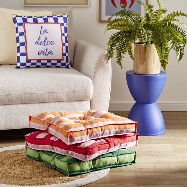 Coussin carr&eacute; inscription La Dolce Vita bleu et blanc 40x40cm