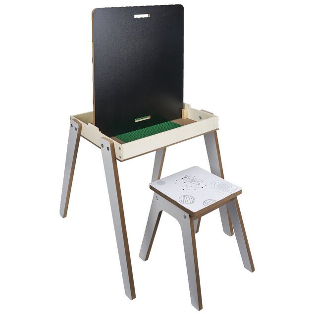 Bureau enfant modulable 3en1 tableau noir bois blanc et tabouret