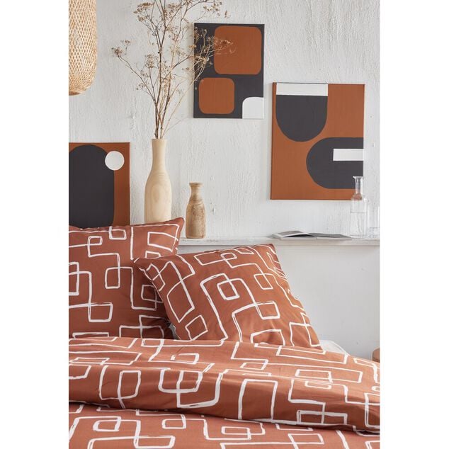 Parure de lit 2 personnes 220x240cm motif grpahique marron et blanc