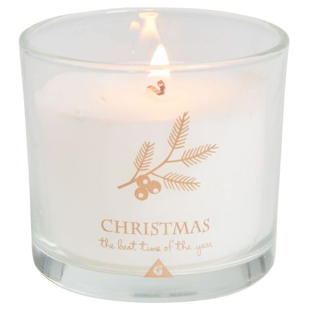 Bougie de Noël blanche pot en verre couvercle bois senteur coton 25H - Ø8xH11cm