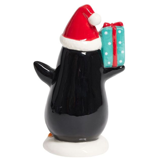 Pingouin de No&euml;l lumineux 1LED c&eacute;ramique noir et blanc H15,5cm
