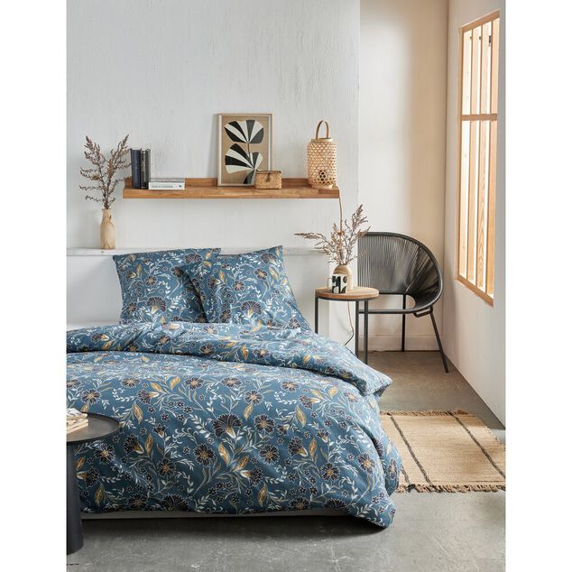 Parure de lit 2 personnes 220x240cm bleu canard motif floral