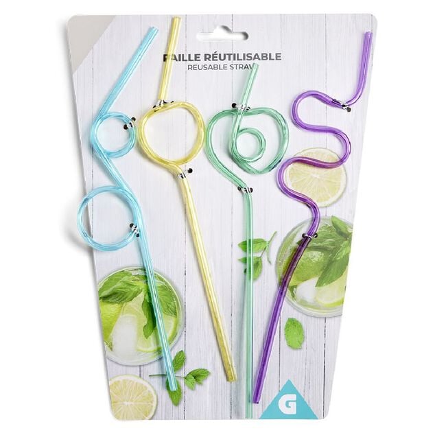 Lot de 4 pailles r&eacute;utilisables plastique L24cm