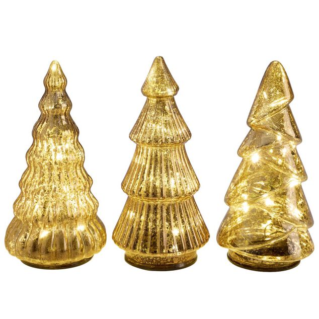 Sapin de No&euml;l x3 avec LED en verre jaune dor&eacute; &Oslash;9xH17,5cm