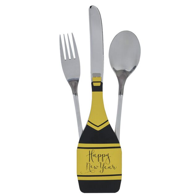 Lot de 4 pochettes &agrave; couverts Nouvel an forme bouteille noir et dor&eacute;