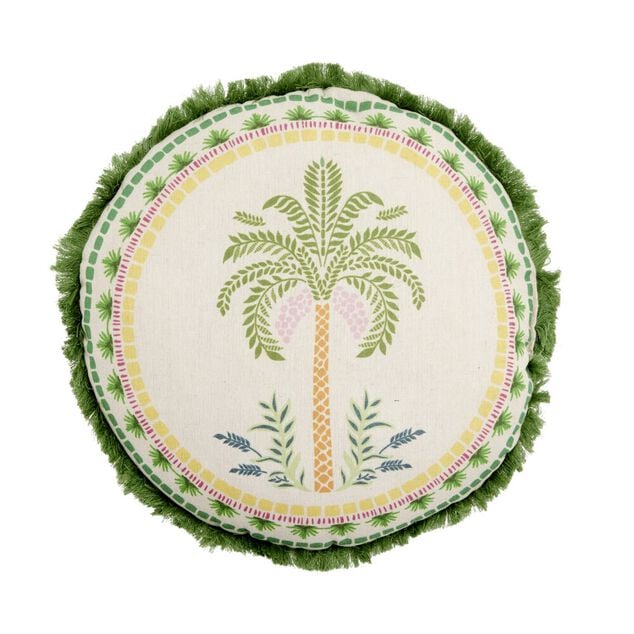 Coussin rond lin motif estival bord &agrave; franges &Oslash;40cm (2 mod&egrave;les soleil ou palmier)