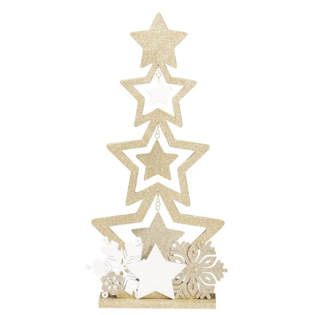 Sapin bois &agrave; poser d&eacute;cor &eacute;toiles dor&eacute; paillet&eacute; H75cm