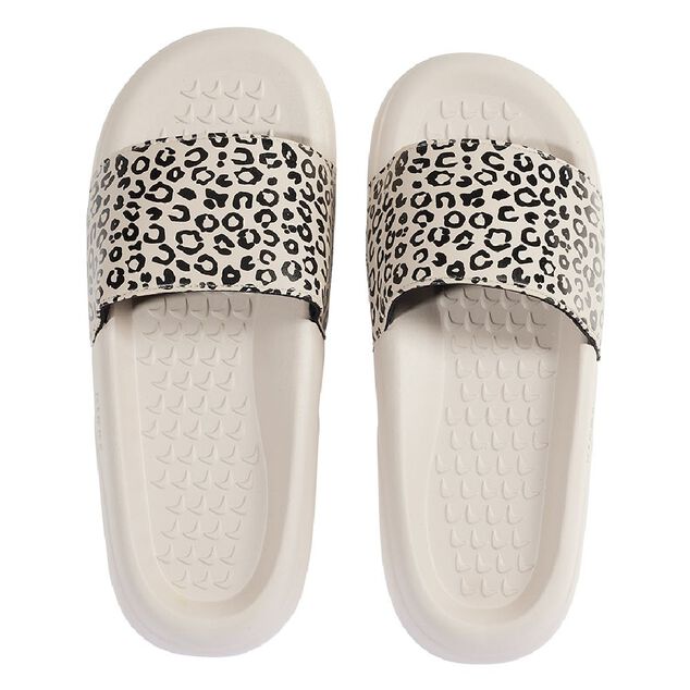 Sandales claquettes plastique beige bride imprim&eacute; l&eacute;opard 38/39