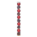 Suspension boules de No&euml;l rouges et pommes de pin
