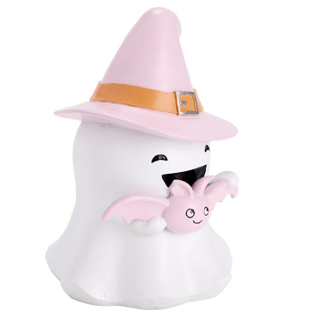 Fant&ocirc;me Halloween d&eacute;coratif sorcier mignon r&eacute;sine blanc et rose pastel &Oslash;17xH25cm