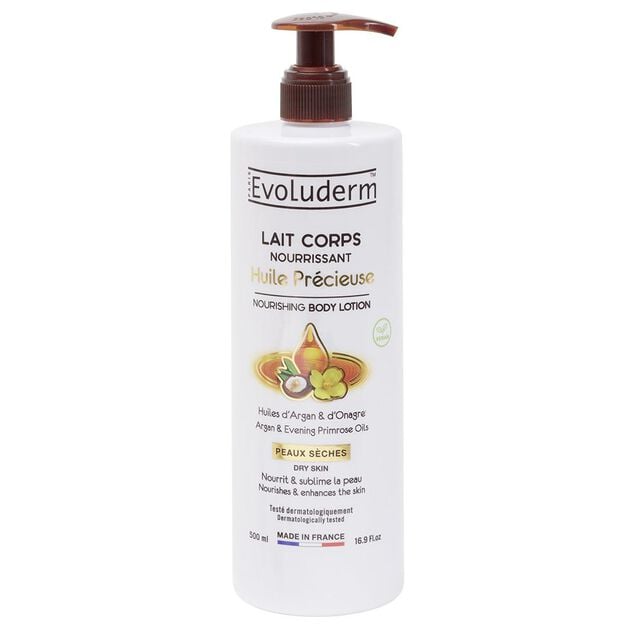 Lait corps Evoluderm huile pr&eacute;cieuse Argan et Onagre peau s&egrave;che 500ml
