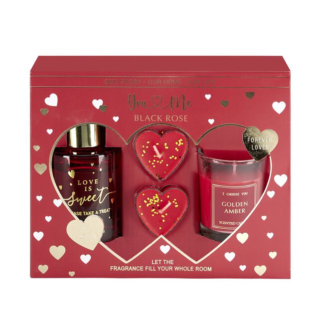 Coffret senteur avec  diffuseur b&acirc;tonnets et bougies forme coeur (2 mod&egrave;les)