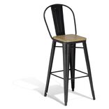 Chaise haute Fabrik m&eacute;tal noir et acacia 43x47xH.110 cm
