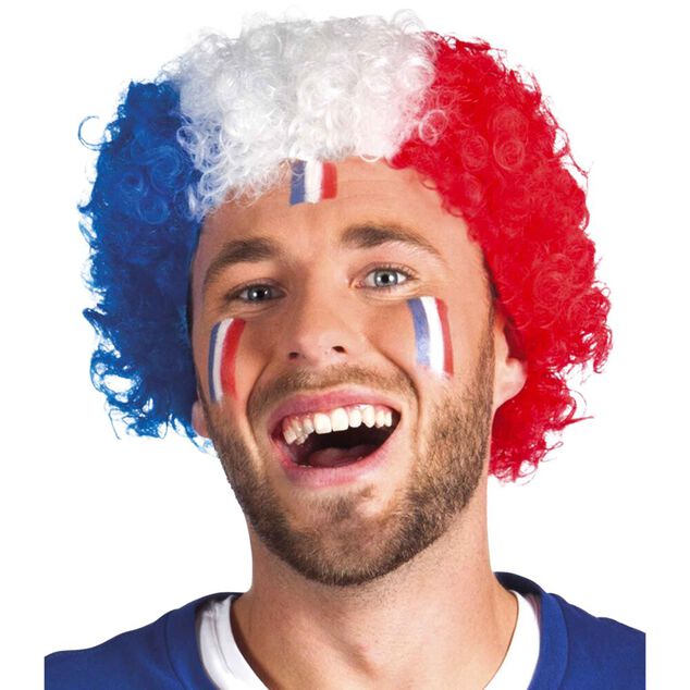 Perruque adulte Cocorico bleu blanc rouge boucl&eacute;e