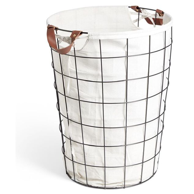 Panier &agrave; linge 48L m&eacute;tal noir et tissu blanc