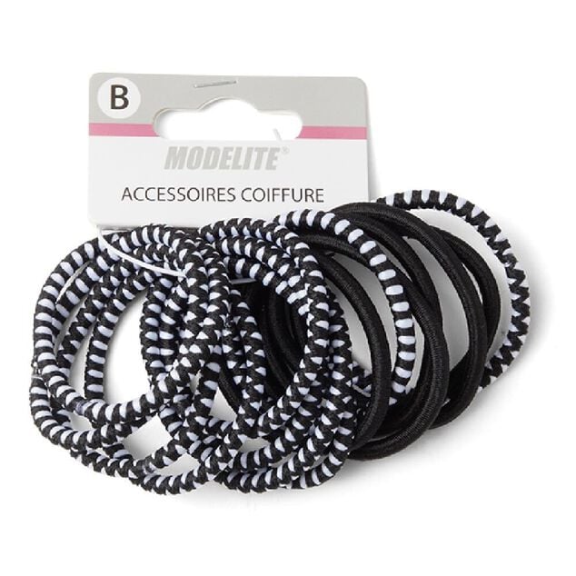 Lot de 15 &eacute;lastiques &agrave; cheveux polyester noir et blanc