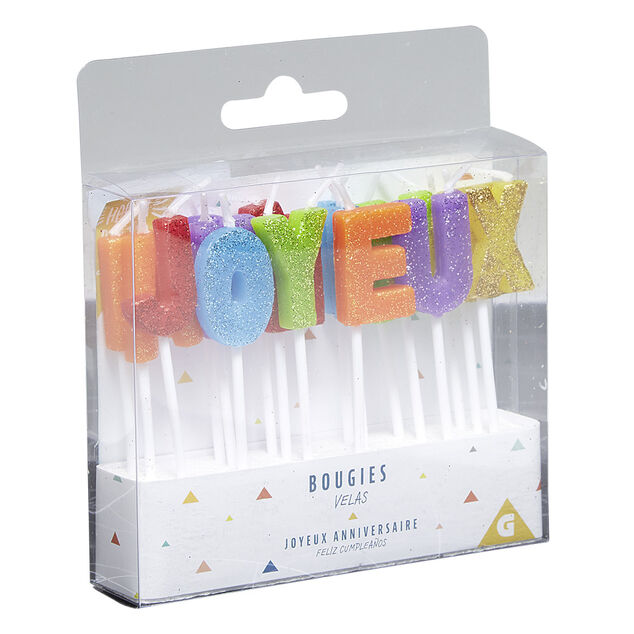 Bougies Joyeux anniversaire multicouleur &agrave; paillettes