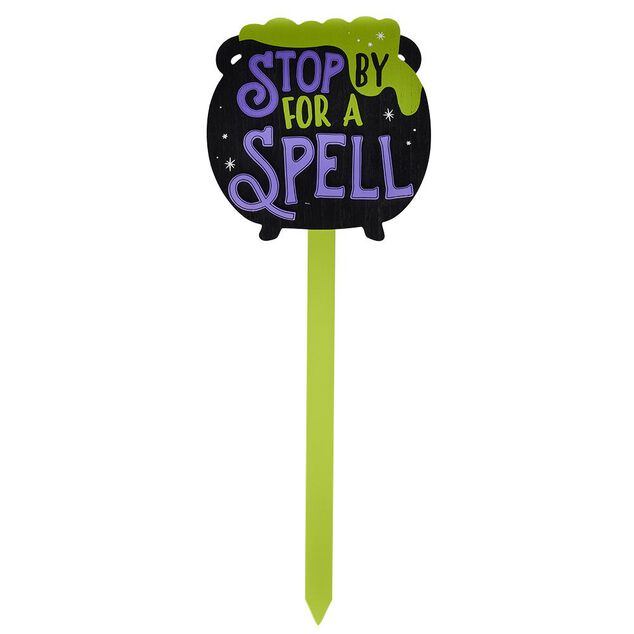 Pancarte jardin bois Halloween inscription Stop by for a spell H82,5cm