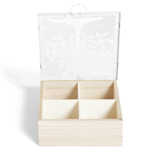 Bo&icirc;te bois et m&eacute;tal beige et blanc motif arbre 16x16x6cm